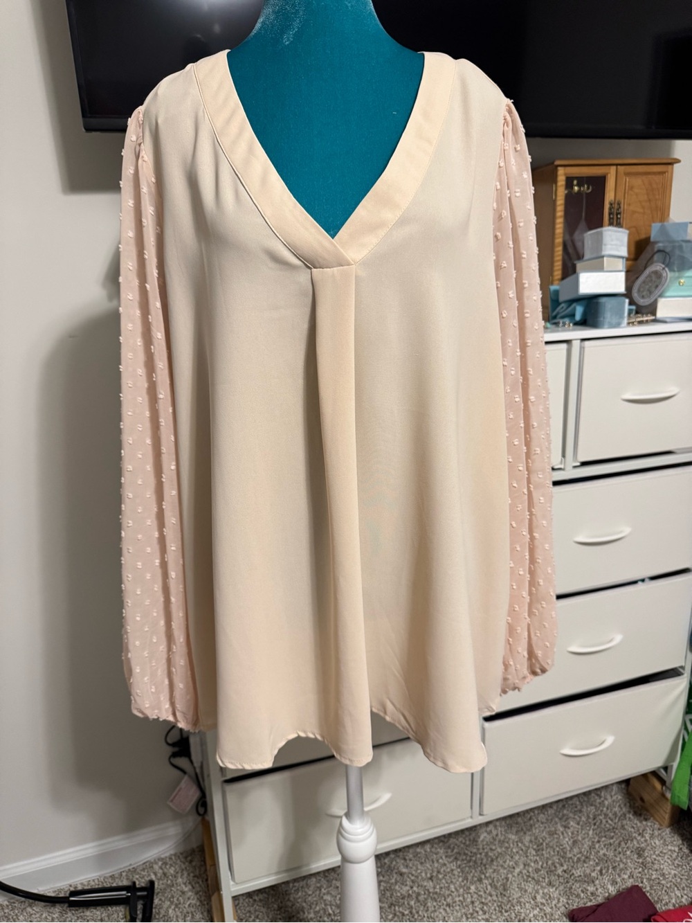 Classic V-Neck Long Sleeve Blouse in Cream with Cream (hint of blush) Sleeves